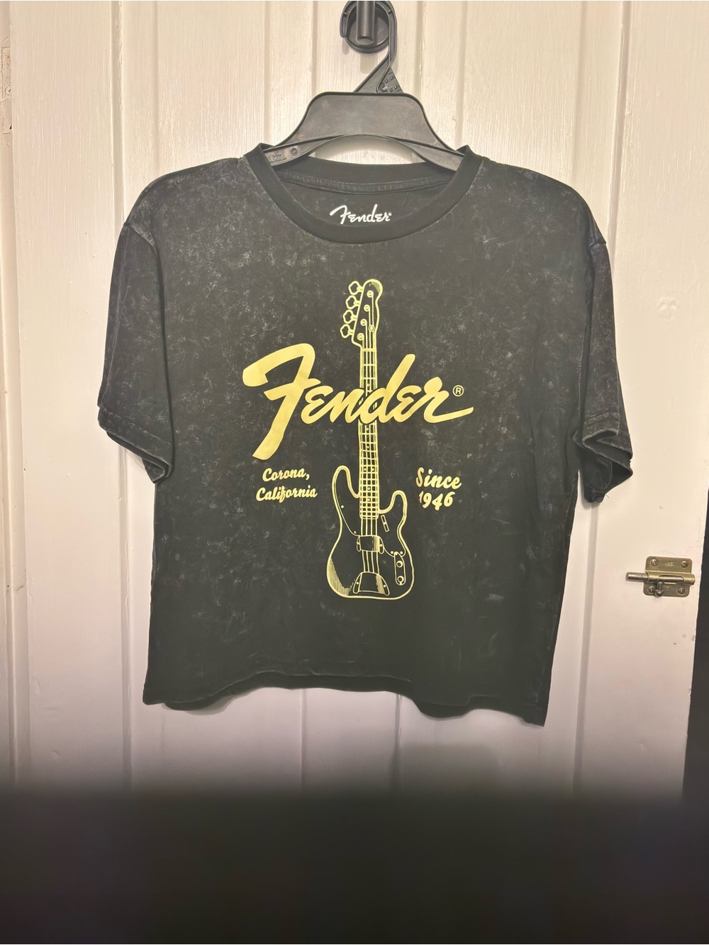 Fender Black Crop Tee with Yellow Guitar Logo